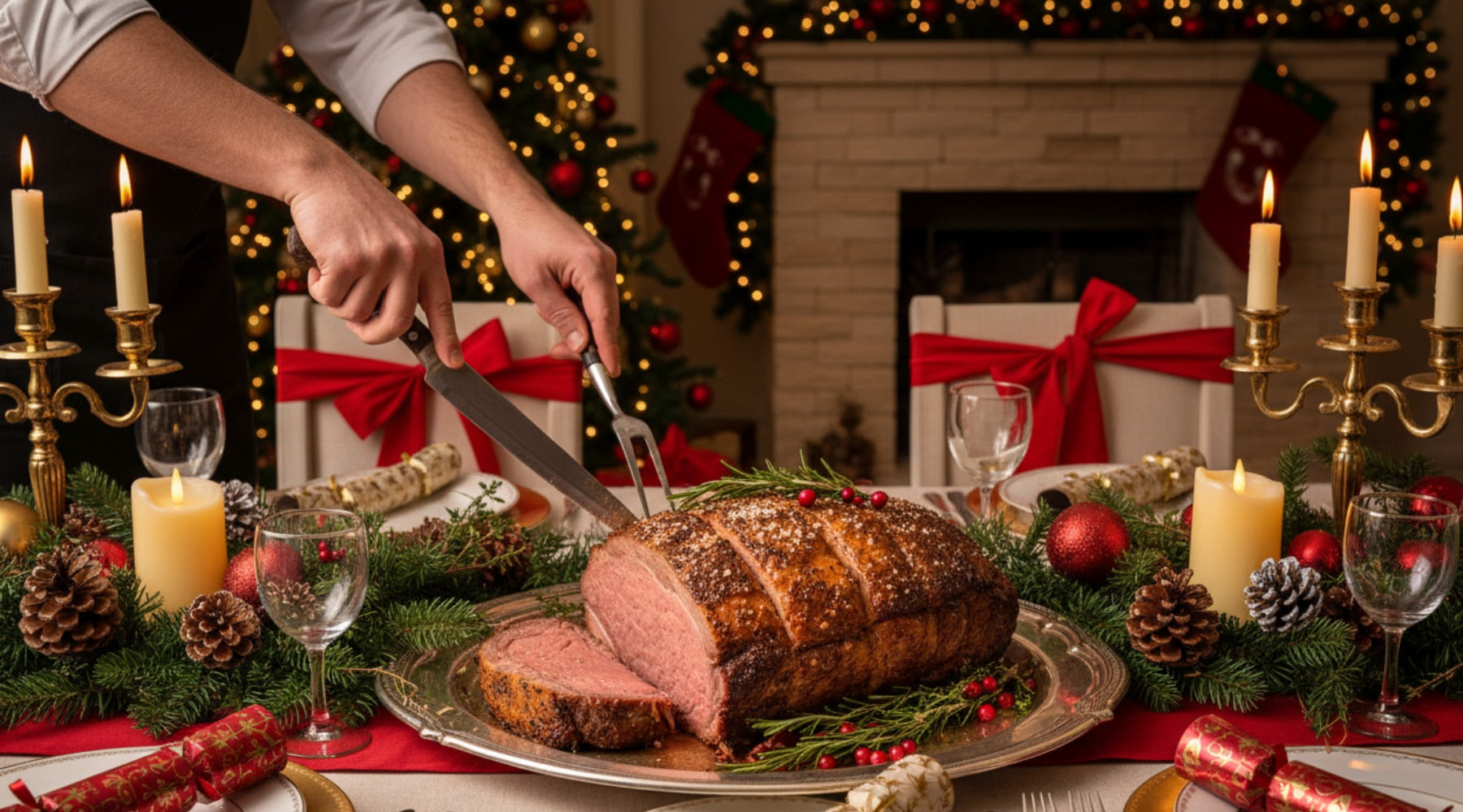 Cutting prime rib at Christmas dinner
