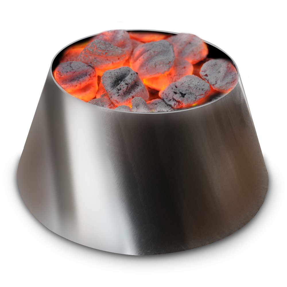 The BBQ Vortex is filled with charcoal and burning to get your drum smoker going faster and hotter.