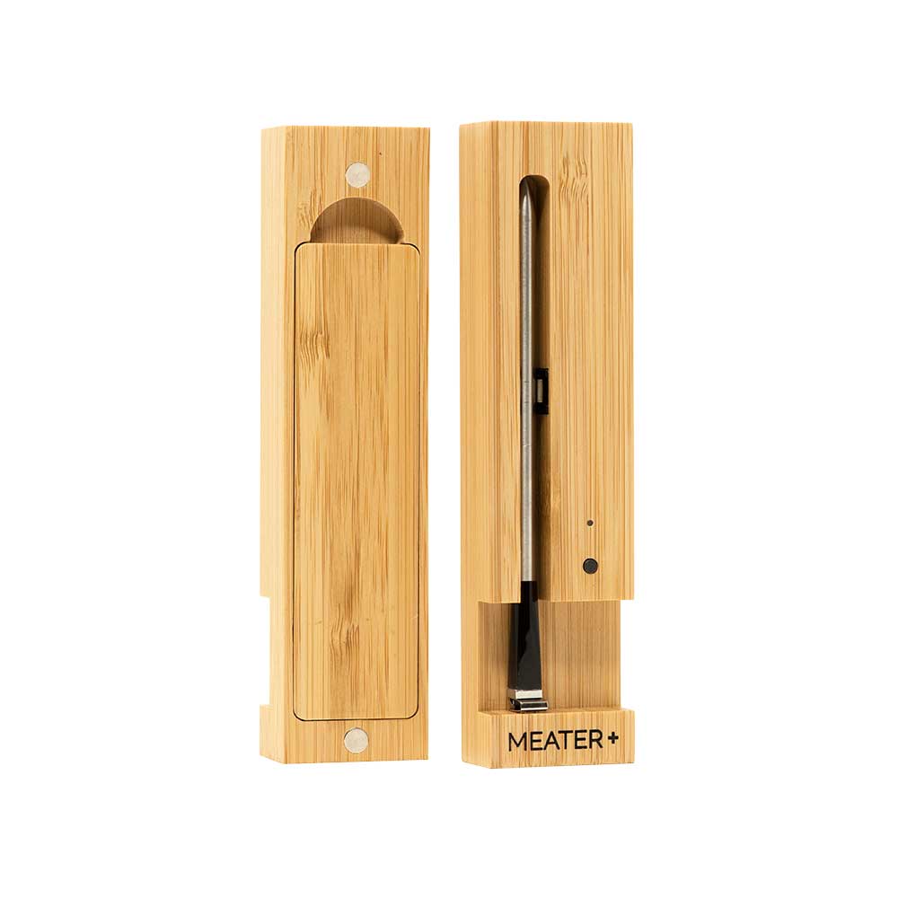 Meater Plus meat probe in its wooden box.