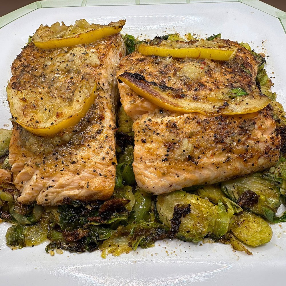 MAK Griddled salmon on a bed of Desert Gold Brussels sprouts.