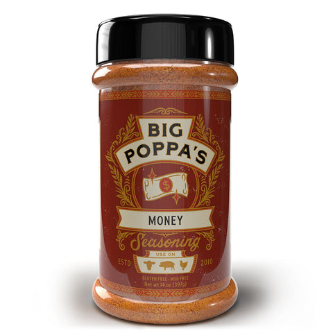 Transparent bottle of 'Big Poppa's Money Seasoning' featuring a rich burgundy label with gold ornamental designs and a money symbol, suggesting luxury and quality.