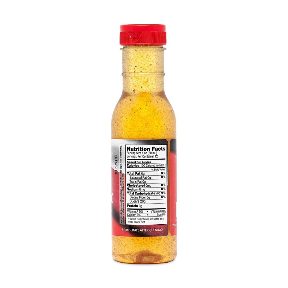 Bottle  of Texas Pepper Jelly Apple Habanero Rib Candy, with a label showing apples and habanero peppers. The sauce is designed to glaze meats such as ribs, chicken wings, and pork loin, adding a glossy finish and a blend of sweet and spicy flavors. With nutritional information label showing.