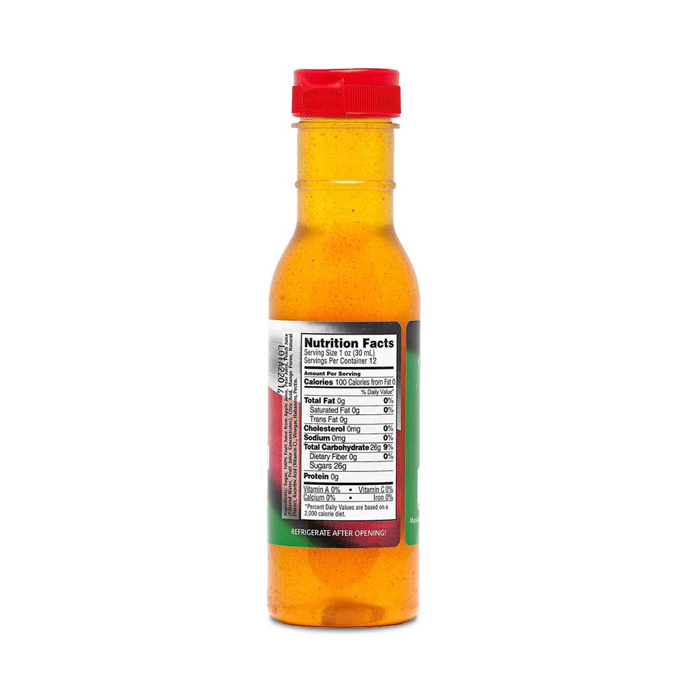 Bottle of Peach Mango Habanero Texas Bird Bath sauce, vibrant with colorful imagery of peaches, mangos, and peppers, indicating its use as a versatile marinade or glaze for enhancing various meats with a sweet and spicy flavor profile.  Nutritional facts label is showing.