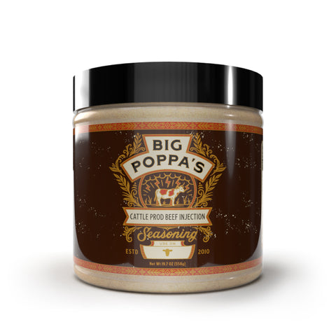 A clear bottle labeled 'Big Poppa's Cattle Prod Beef Injection Seasoning', with a dark maroon label featuring white and gold text and a graphic of a cattle in a field. Established in 2010.