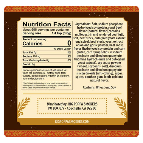 Detailed nutrition facts label on a maroon background with golden and orange tribal patterns. The label lists zero calories per serving and includes ingredients like salt, sodium phosphate, and hydrolyzed soy protein.