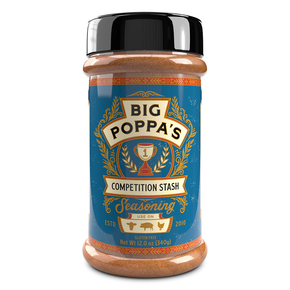 A spice bottle labeled 'Big Poppa's Competition Stash Seasoning', featuring a vibrant turquoise label with golden accents, a trophy emblem, and laurel wreath design. Established in 2010, the bottle indicates it is suitable for various uses.