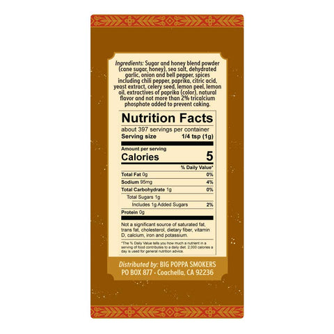 Nutrition facts and ingredient label for Big Poppa's Sweet Money Hot Seasoning, listing ingredients like sugar, salt, dehydrated garlic, and various spices, with a total of 397 servings per container.