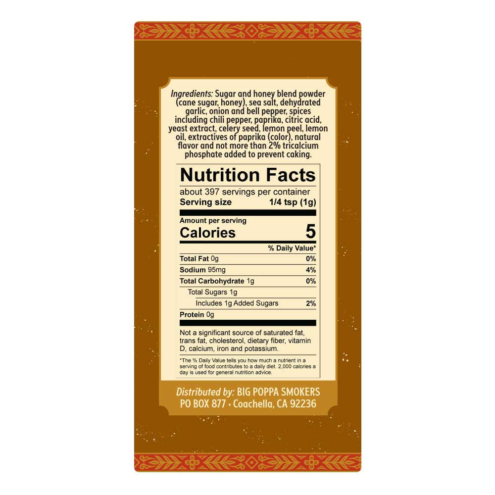 Nutrition facts and ingredient label for Big Poppa's Sweet Money Hot Seasoning, listing ingredients like sugar, salt, dehydrated garlic, and various spices, with a total of 397 servings per container.