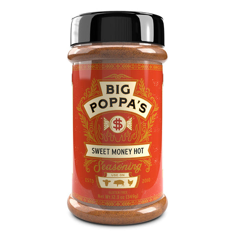 A jar of Big Poppa's Sweet Money Hot Seasoning. The jar is red with ornate golden designs and text that reads 'Sweet Money Hot', 'Use on', and 'ESTD 2010'. It highlights its gluten-free attribute.