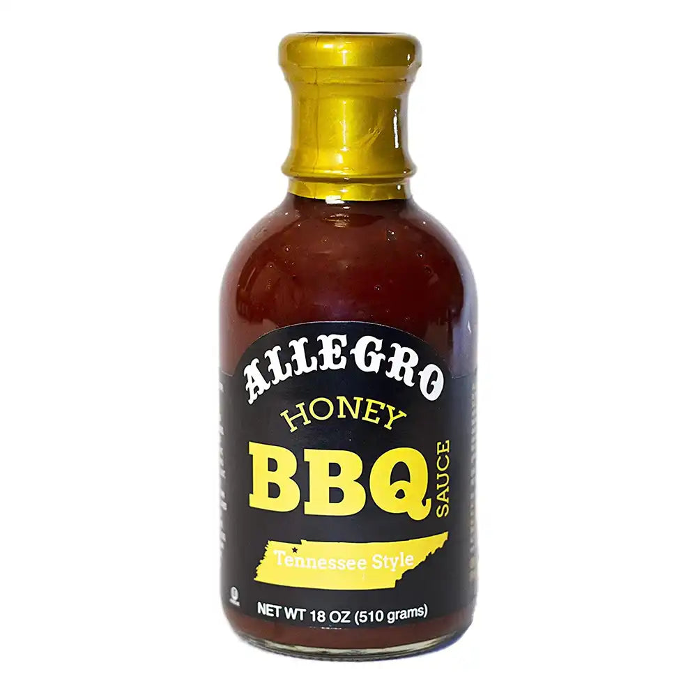 Bottle of Allegro Honey BBQ Sauce, Tennessee Style, with yellow cap and bold yellow label, 18 oz.