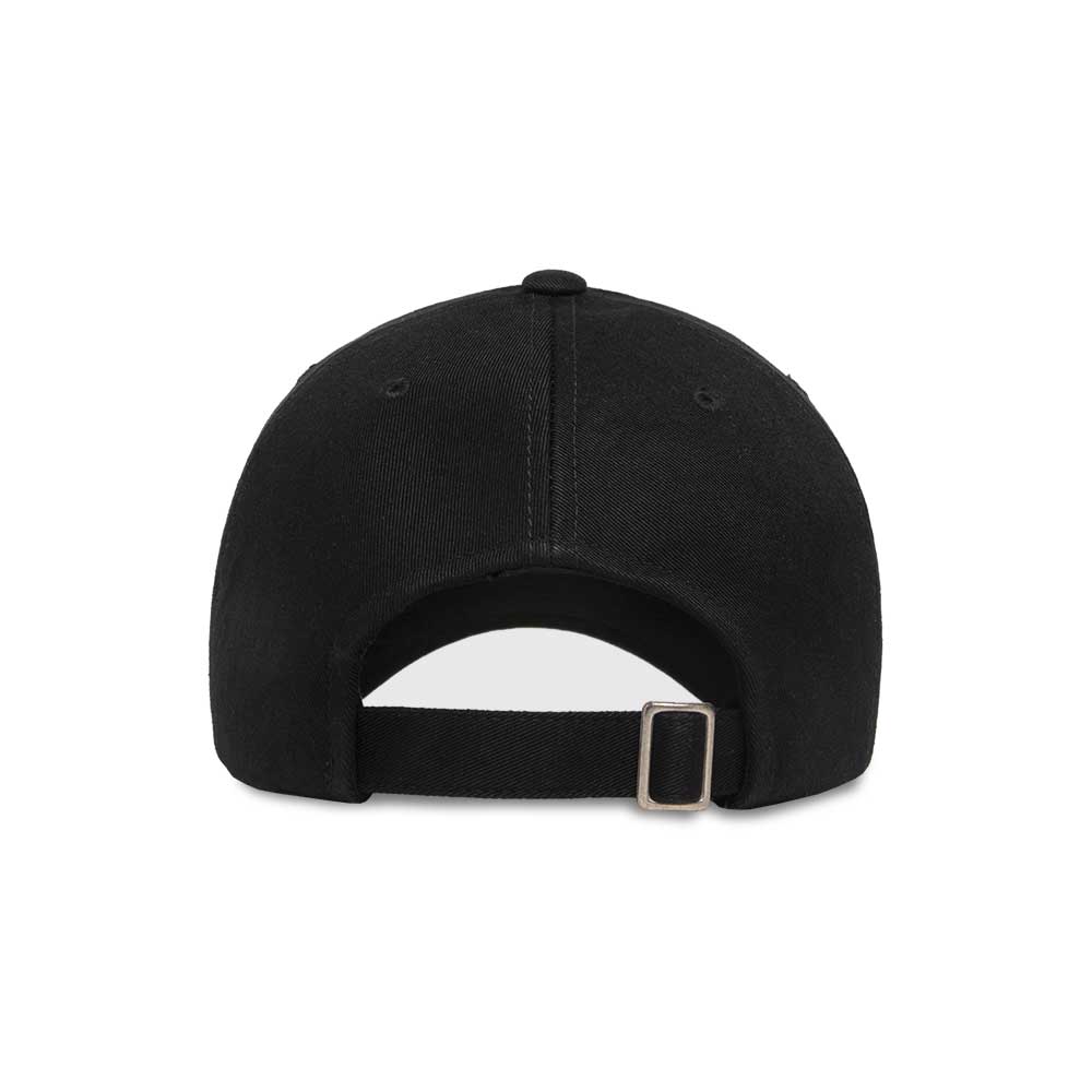 Rear view of a black baseball cap showing an adjustable strap with a metal buckle for sizing.