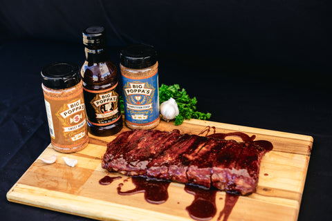 Barbecue ribs that feature Big Poppa's Granny's Sauce, along with Sweet Money and Stash