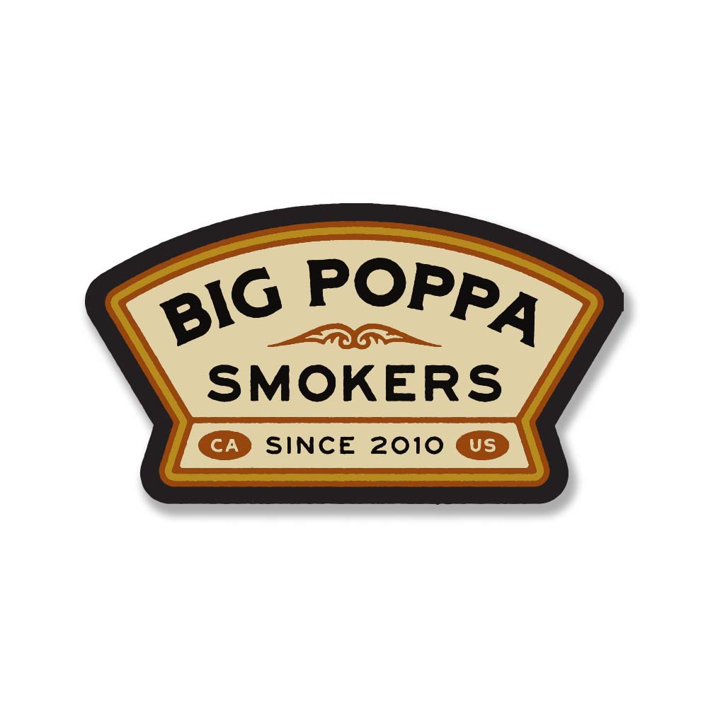 Decorative cream-colored arched sticker with the logo of 'Big Poppa Smokers' in bold black letters, accented with a golden trim and a stylized smoke motif, marked 'CA Since 2010 US' at the bottom.