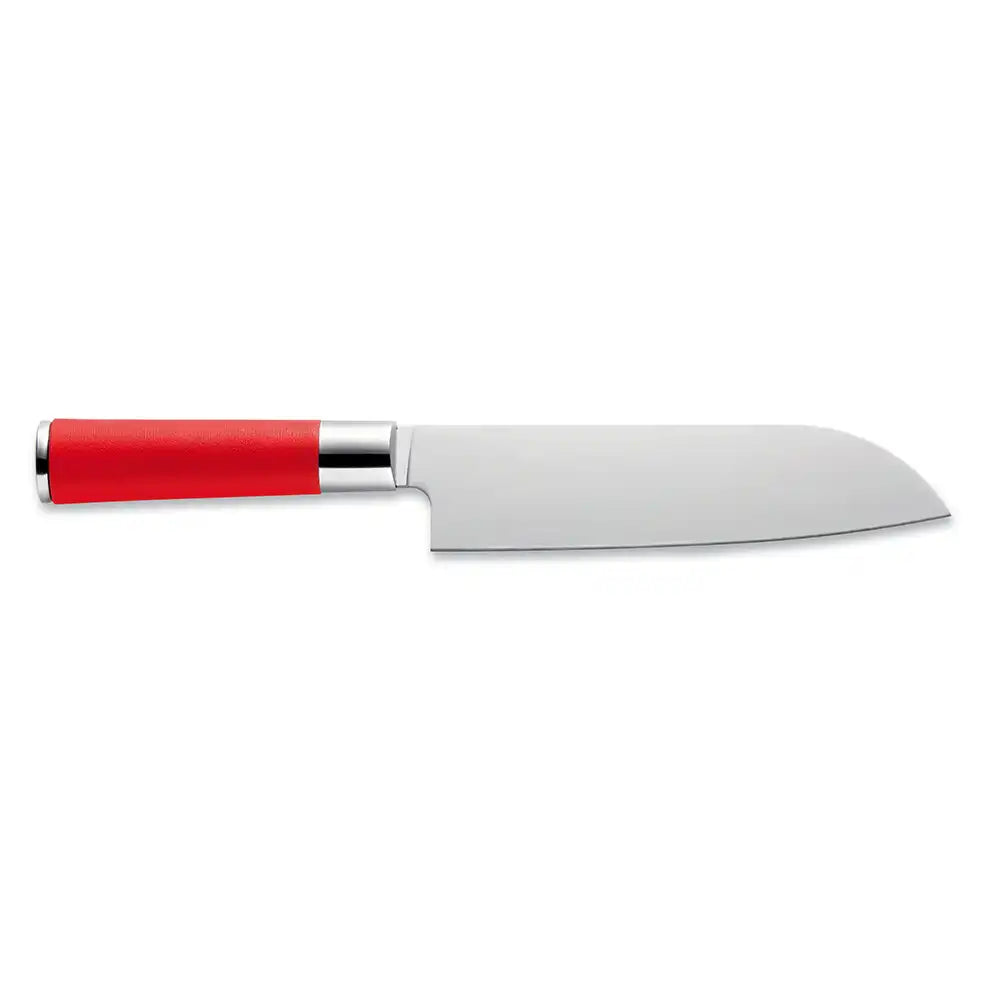 Straight-on view of a chef knife with a red handle and wide stainless steel blade on white background.