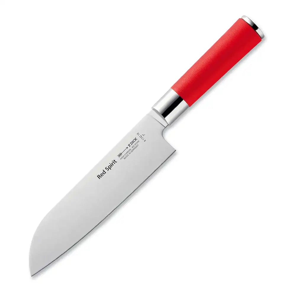 Angled view of chef’s knife with "Red Spirit" label on the blade and a red textured handle.