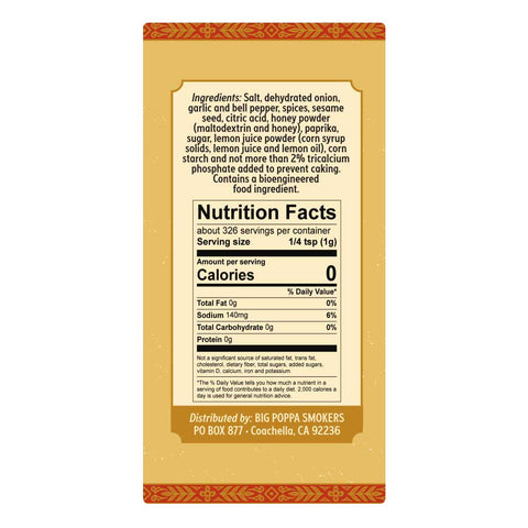 Nutrition facts label on a seasoning container, showing a serving size of 1/4 teaspoon with 0 calories. Ingredients include salt, dehydrated onion, garlic, and various spices, set against a yellow background with red and gold tribal designs.