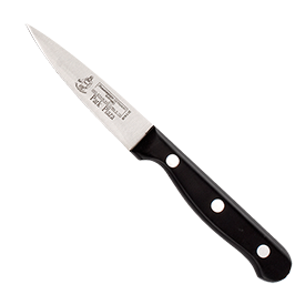 Close-up image of the Messermeister Park Plaza 3.5" Spear Point Parer. The knife features a sharp, high-carbon stainless steel blade with a spear point, perfect for precision tasks like peeling and slicing. It has a durable, ergonomic handle for comfortable use. 