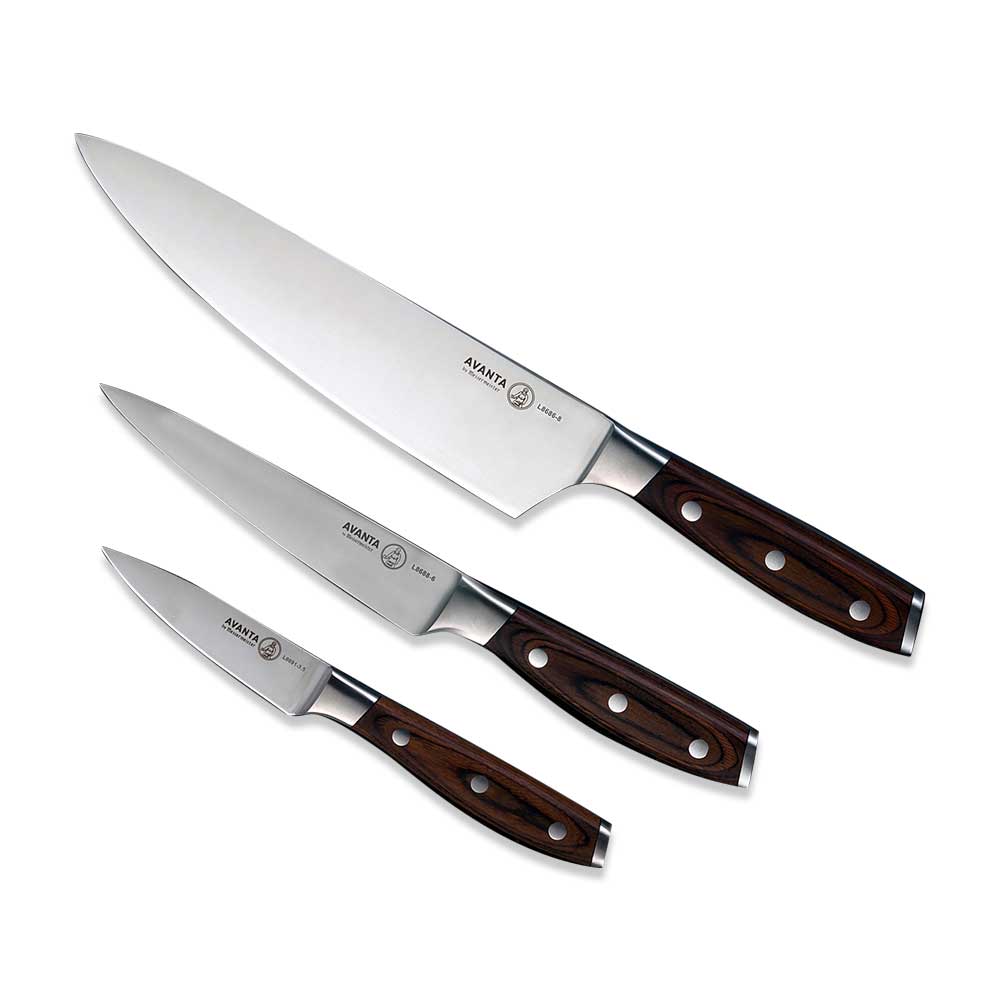 Close-up image of the Messermeister Avanta 3 Piece Pakkawood Starter Set. The set includes three knives with high-carbon stainless steel blades and elegant pakkawood handles. 