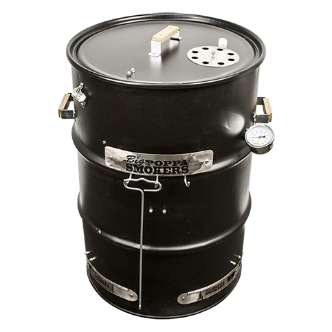 Assembled view of BPS Black Powder Coated Drum Smoker showing a charcoal barrel with accessories like a grill grate, thermometer, tool hooks, and a lid handle.