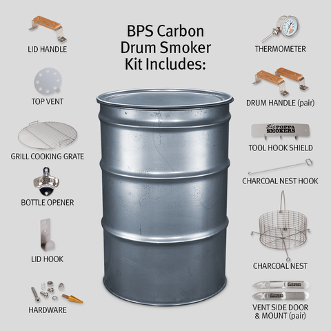 Detailed overview of the BPS Carbon Drum Smoker Kit featuring labeled parts including a lid handle, top vent, grill cooking grate, thermometer, and more, all displayed around a central steel drum.