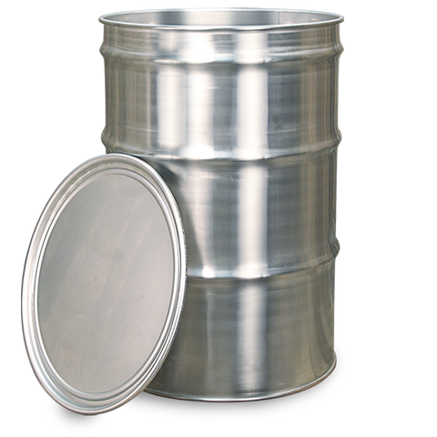 A stainless steel drum with a removable lid placed beside it. The drum and lid have a polished metallic finish