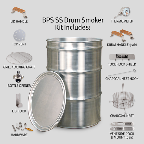 Infographic displaying the components of a BPS Stainless Steel Drum Smoker Kit. The central figure is a shiny stainless steel drum, accompanied by detailed labels and illustrations of included parts such as a lid handle, top vent, thermometer, grill cooking grate, bottle opener, and other accessories. The layout is clean and organized against a white background.
