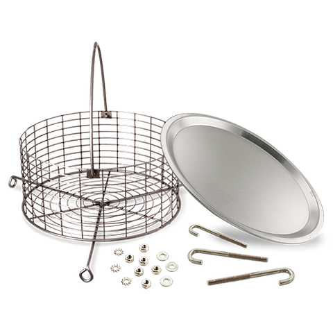 Exploded view of a stainless steel ash catcher assembly kit for a drum smoker, displaying a round grate, several nuts and bolts, and a flat round cover, all arranged on a transparent background.