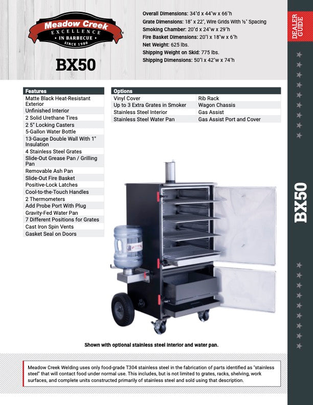 Specification sheet for the Meadow Creek BX50 Box Smoker, featuring dimensions, grate sizes, and various features such as a matte black heat-resistant exterior, solid urethane tires, and a 5-gallon water bottle.