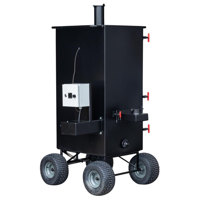 Rear view of the Meadow Creek BX100 smoker, featuring the gas assist attachment and control box on a sturdy wheeled frame.