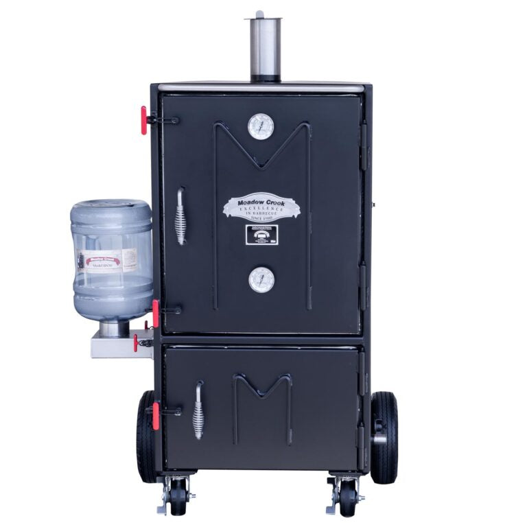 Front view of the Meadow Creek BX50 Box Smoker, showing two compartments with the upper one featuring a thermometer and the lower one with a handle. A large water bottle is attached to the side.