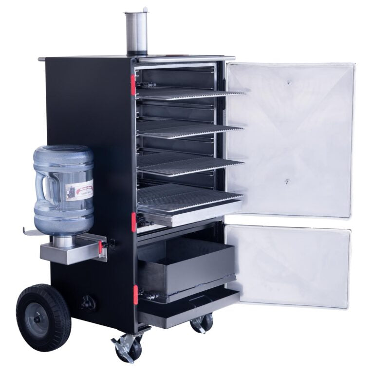 Meadow Creek BX50 Box Smoker with both doors open, revealing multiple stainless steel grates and a charcoal basket inside. A large water bottle is attached to the side.