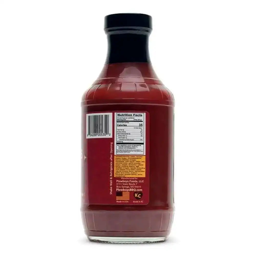 Back view of KC Crossroads BBQ Sauce bottle showing nutrition facts, barcode, and ingredients list.
