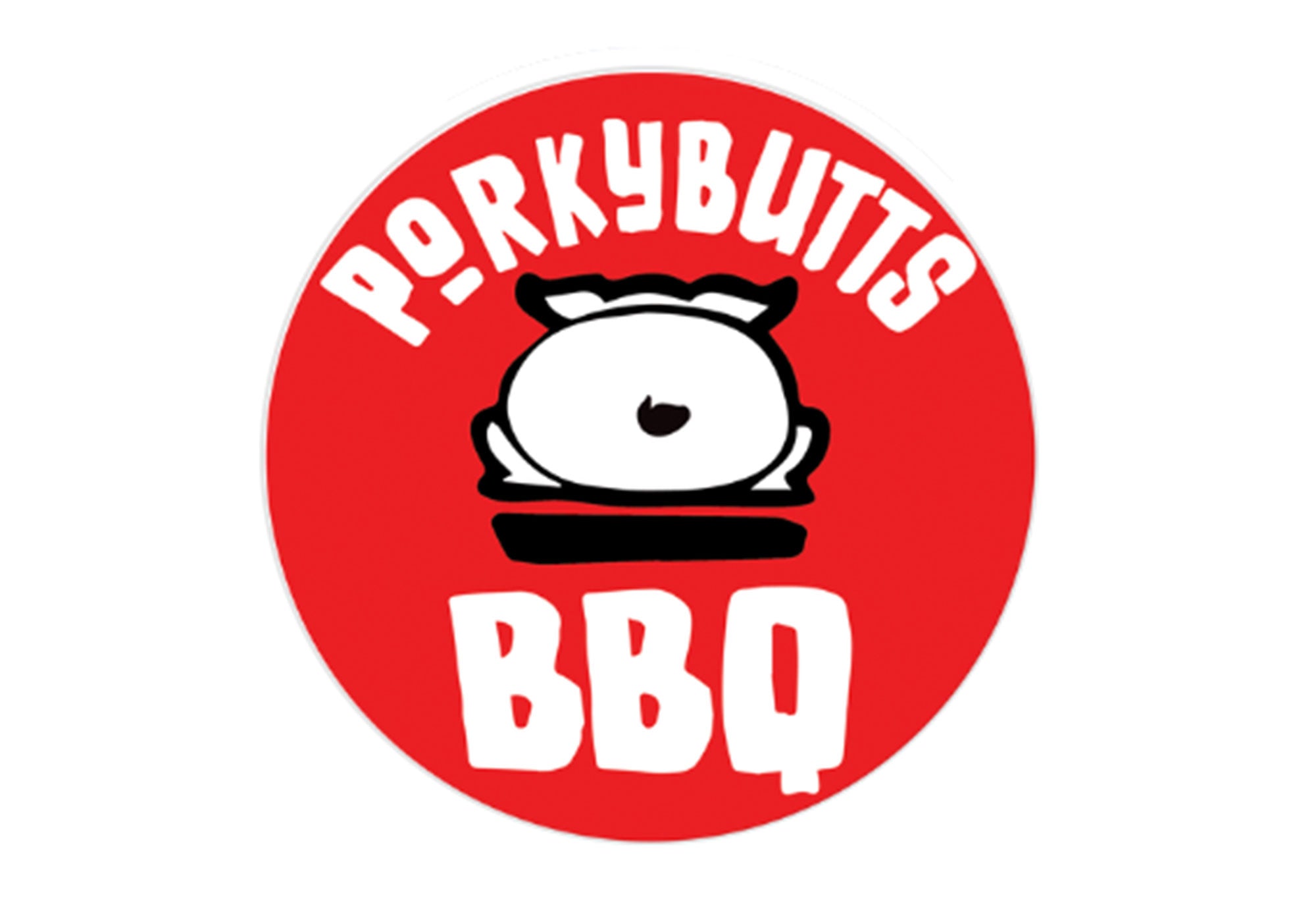 Red circle logo for Pork Butts which is a pigs butt