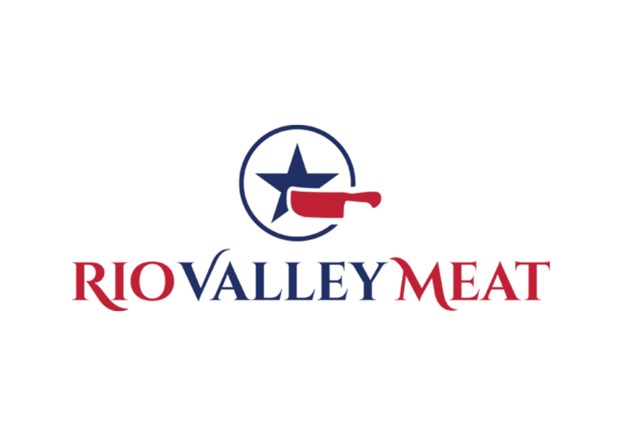 Red and blue logo for Rio Valley with butcher knife and Texas star