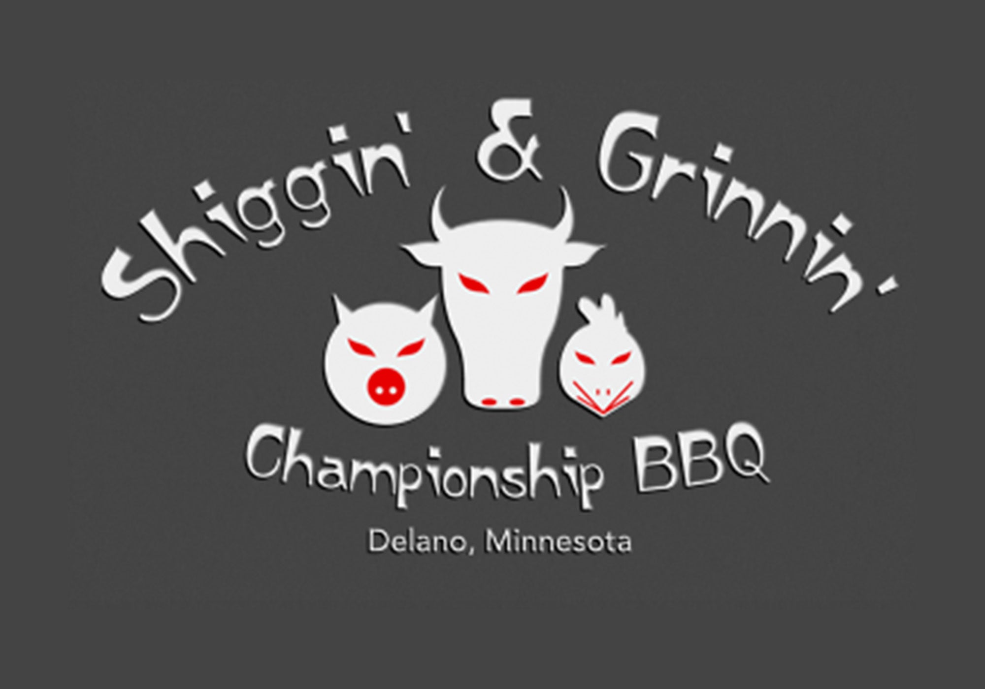 Logo for Shiggin & Grinnin that features pig, cow and chicken