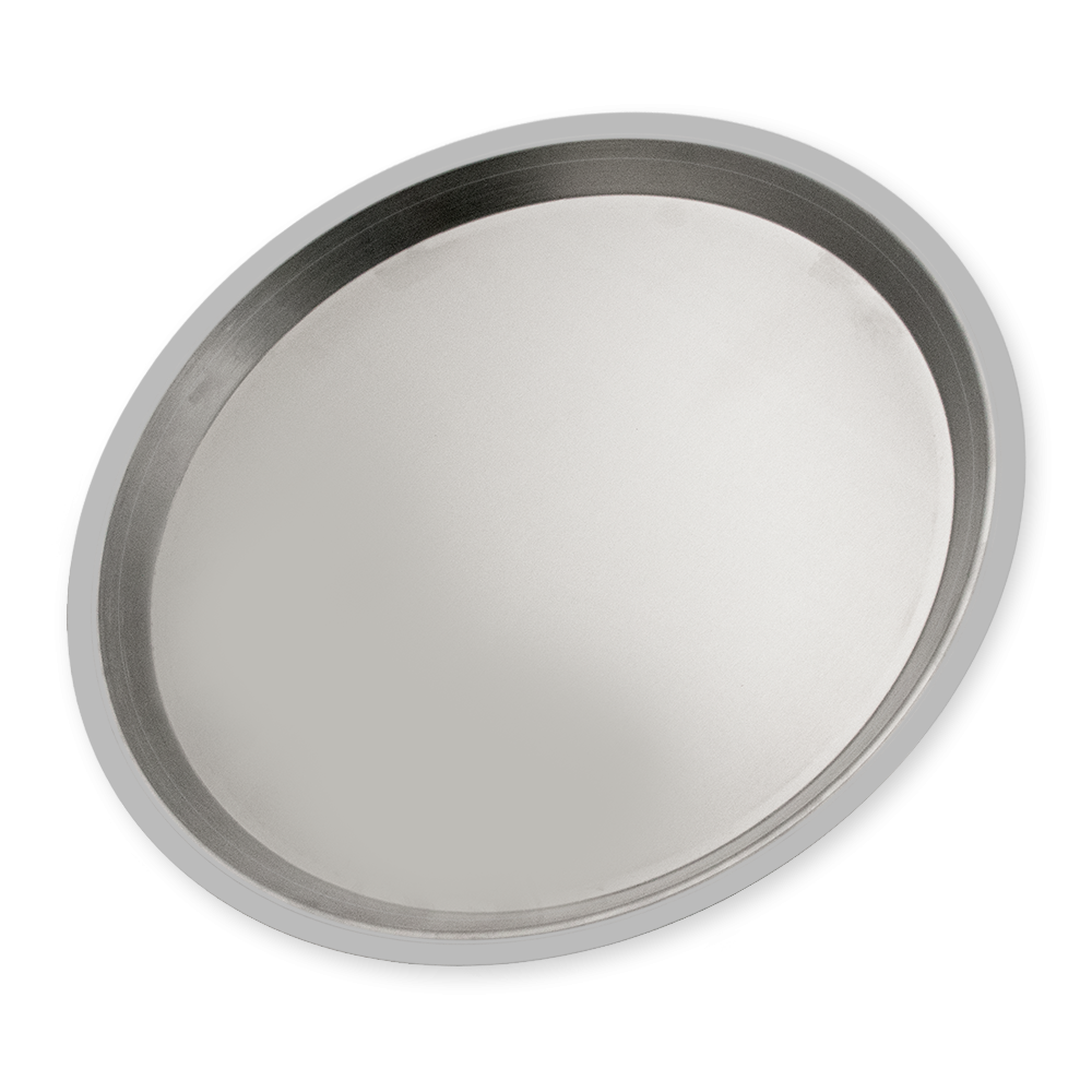 A circular ash catcher plate made of shiny aluminum, with a raised edge and smooth, reflective surface.