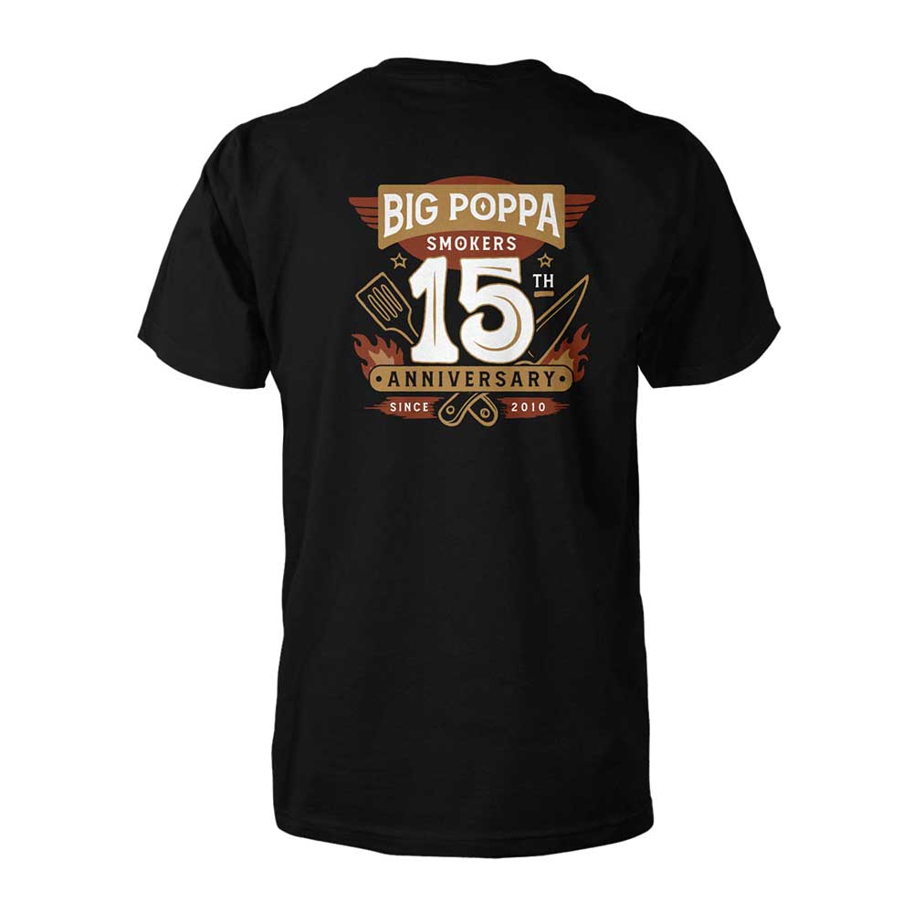 Limited-edition Big Poppa Smokers 15th Anniversary T-Shirt with custom graphic, perfect for BBQ lovers and grill enthusiasts