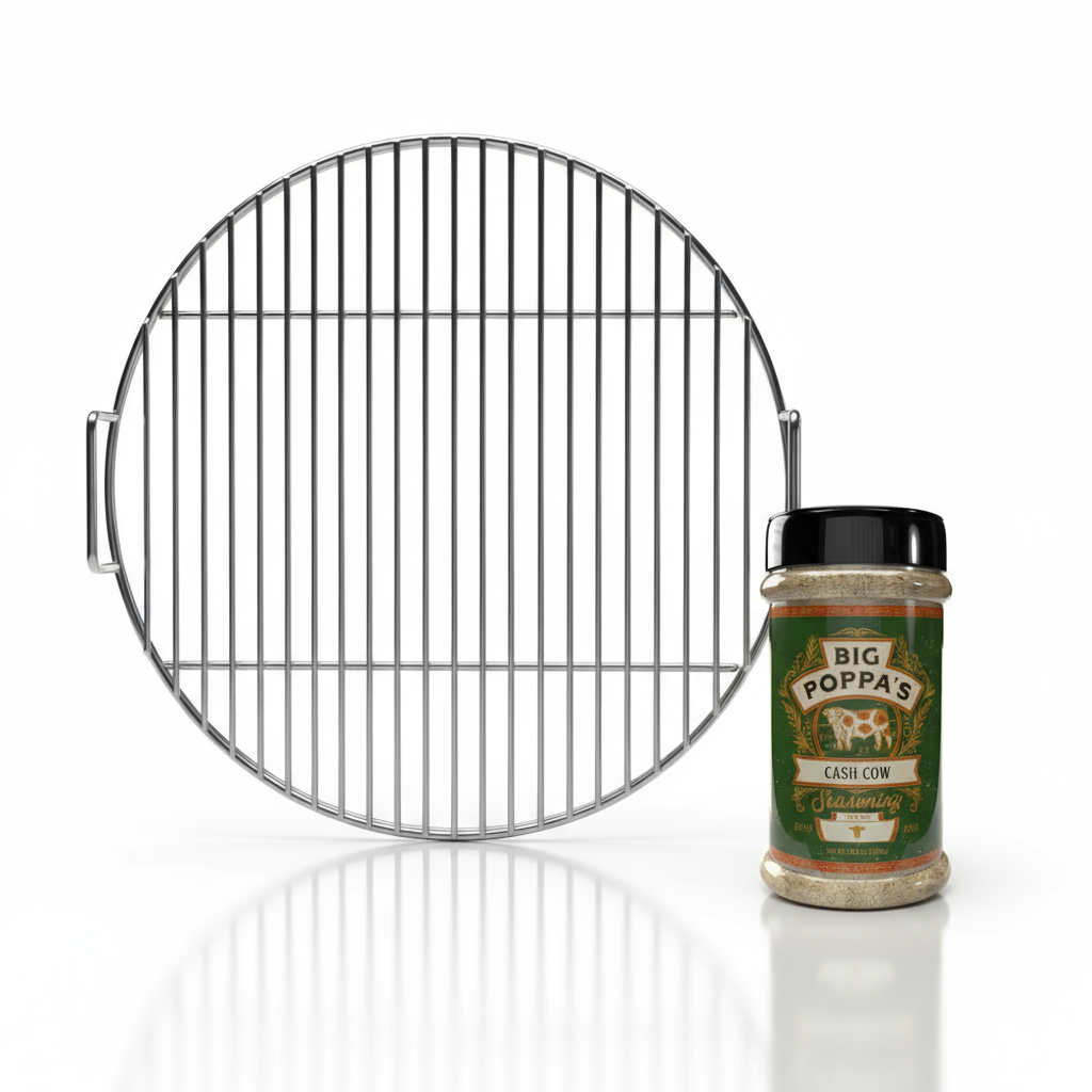 Barbecue grill grid and Big Poppa's seasoning bottle on a white background