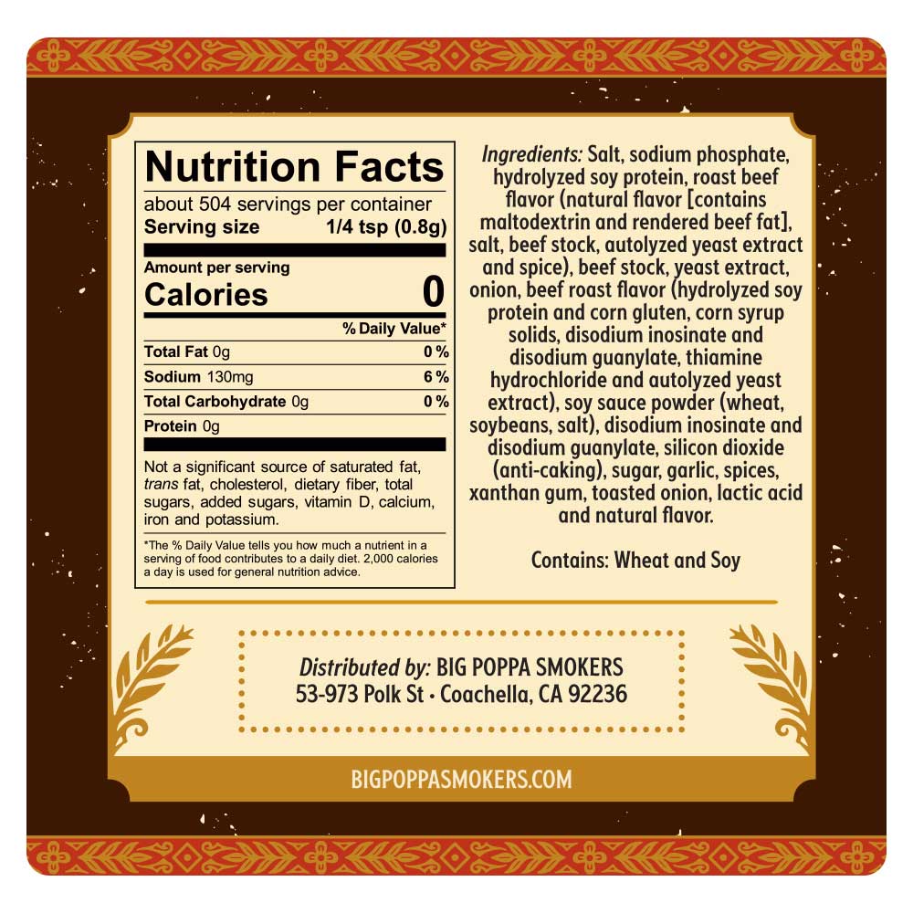 Nutrition facts label on maroon background with gold and orange tribal accents, showing zero calories and listed ingredients.