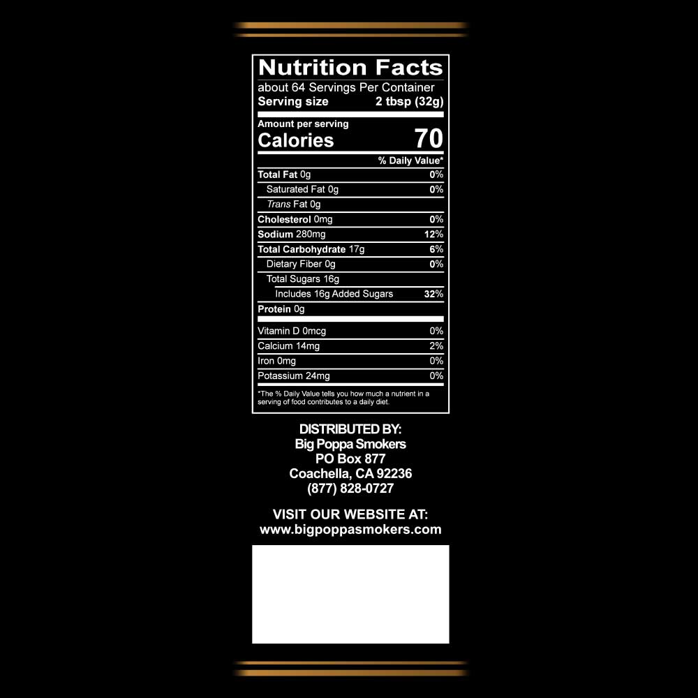 The nutritional facts label for Big Poppa's Granny's BBQ Sauce. The label is black with white text detailing the serving size, calories, and nutritional contents such as sodium, sugars, and proteins, providing clear dietary information.