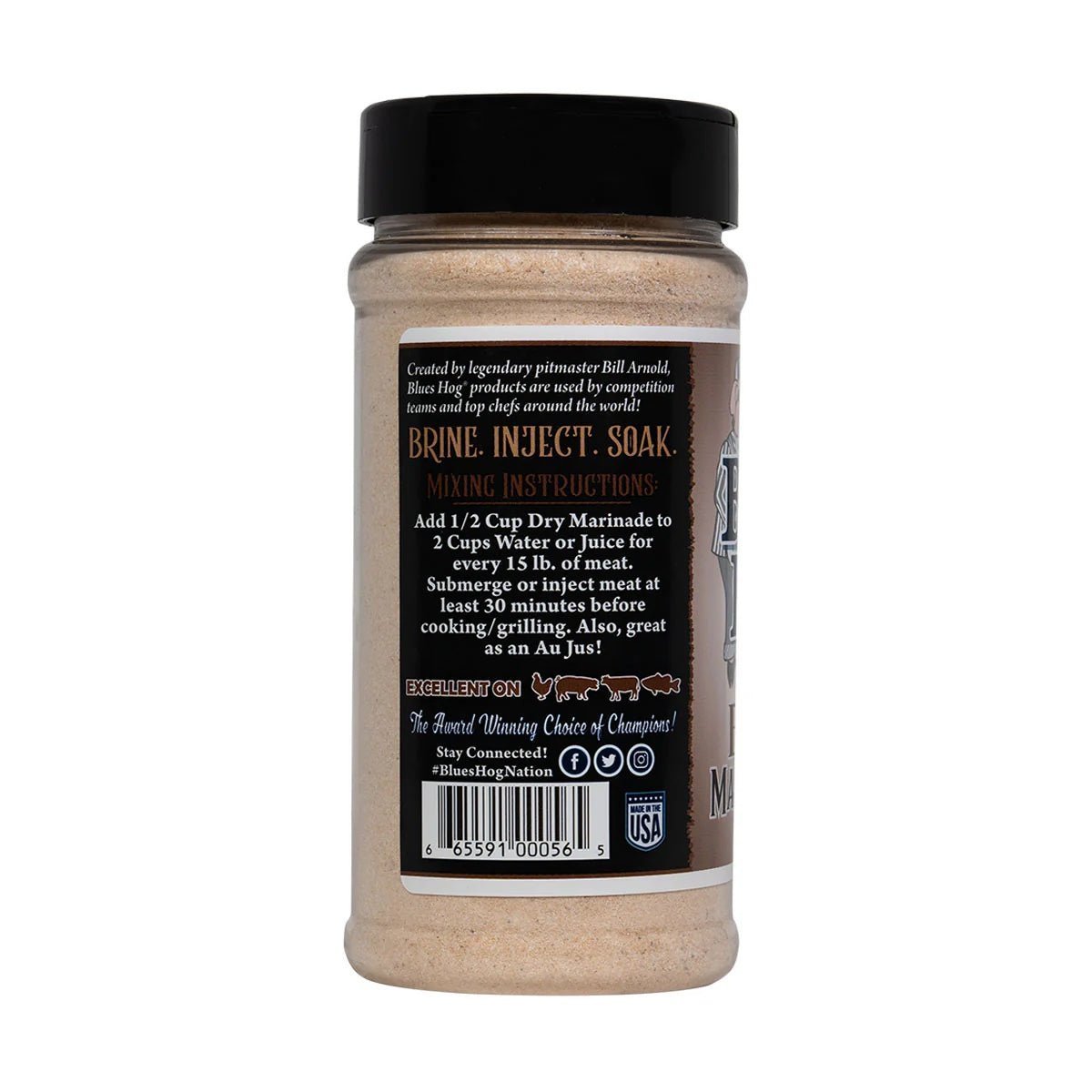 A jar of Blues Hog Beef Marinade Mix with a black lid, displaying the mixing instructions on the back. The instructions advise to add 1/2 cup of the dry marinade to 2 cups of water or juice for every 15 pounds of meat, and to submerge or inject the meat at least 30 minutes before cooking or grilling. The label also highlights that the product is excellent on various meats and includes social media contact information.