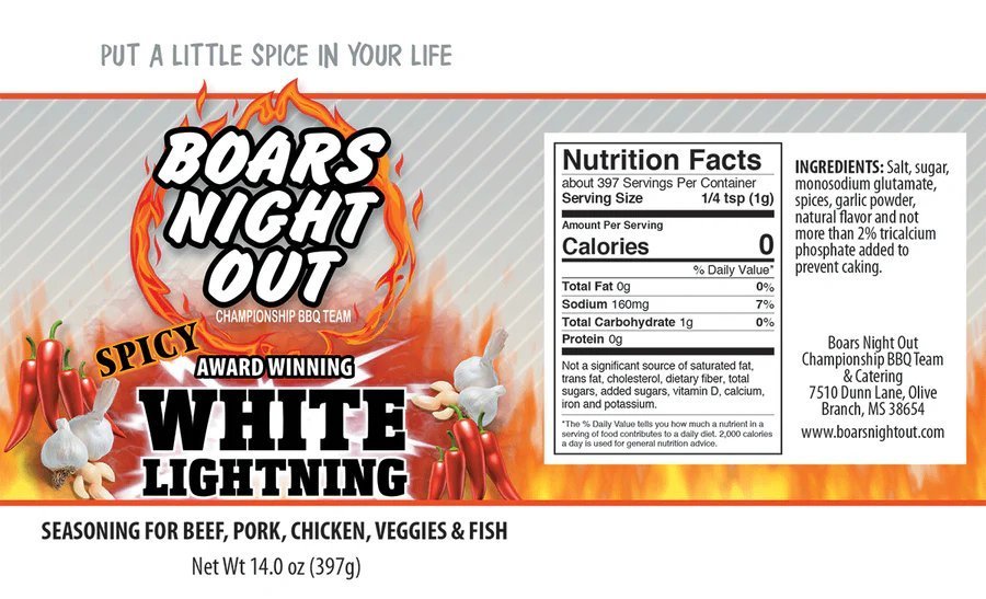 The label for Boars Night Out Spicy White Lightning seasoning. The top of the label reads 'Put a Little Spice in Your Life.' Below is the Boars Night Out logo with a flaming design, followed by 'Spicy Award Winning White Lightning.'
