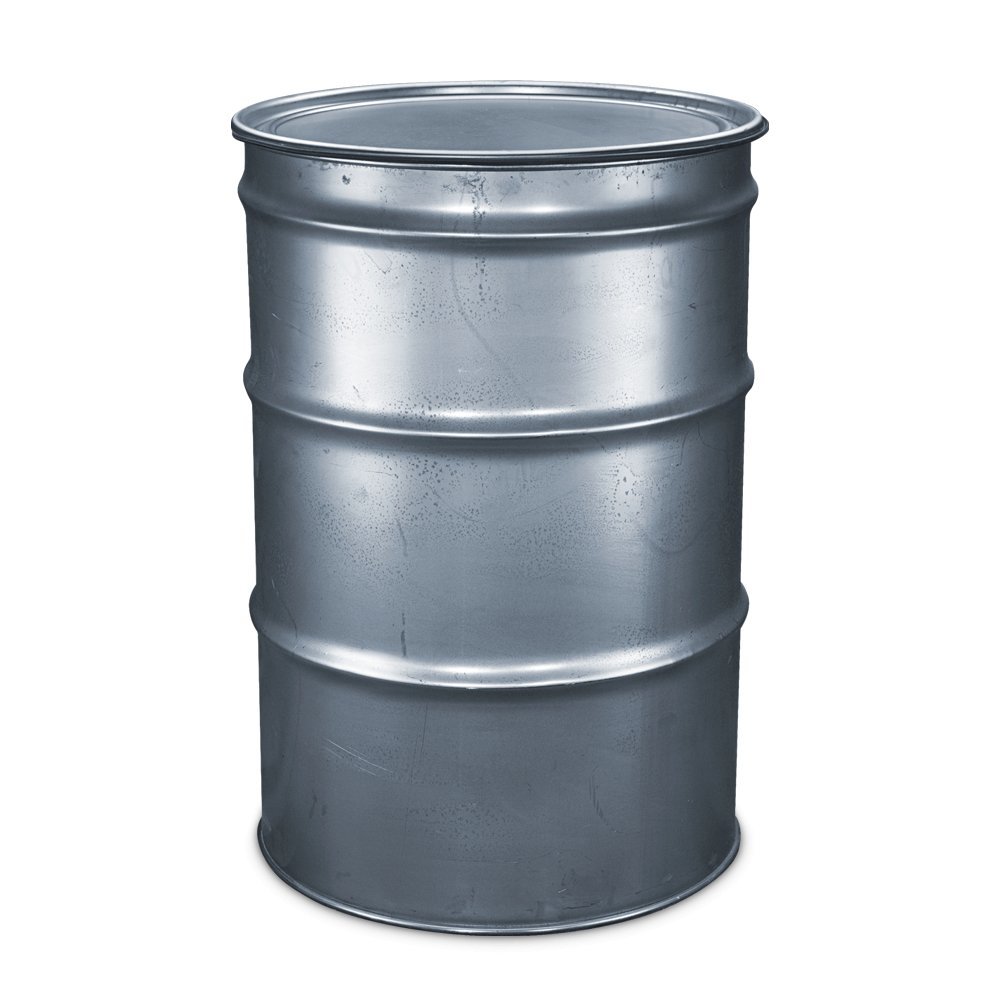 Plain view of a BPS Carbon Drum Smoker, a cylindrical metallic drum with no additional components visible, set against a light background.