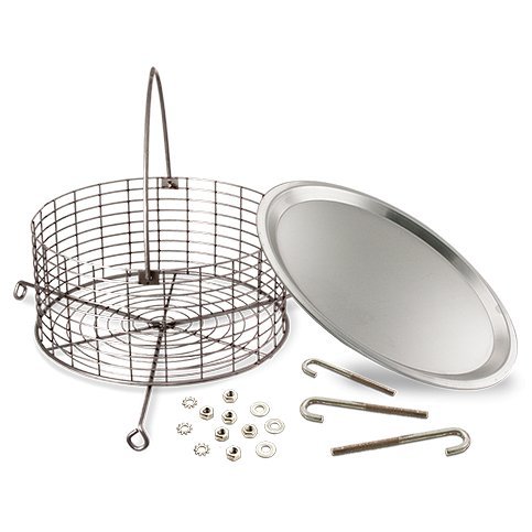 Exploded view of a stainless steel ash catcher assembly kit for a drum smoker, displaying a round grate, several nuts and bolts, and a flat round cover, all arranged on a transparent background.