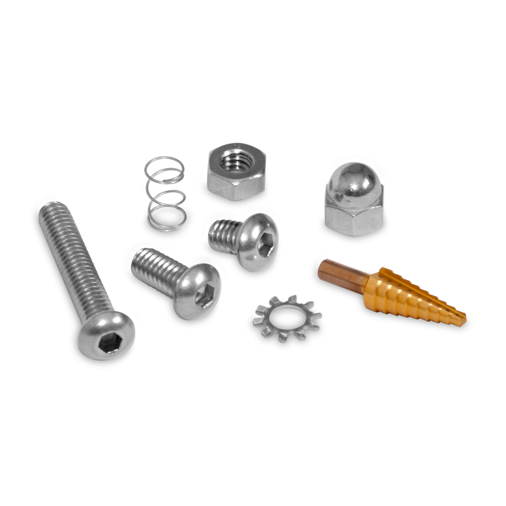 A close-up of various metallic hardware components of a smoker kit. This includes screws, nuts, a spring, a gear-shaped piece, and a unique orange-tipped piece, all arranged on a dark background.
