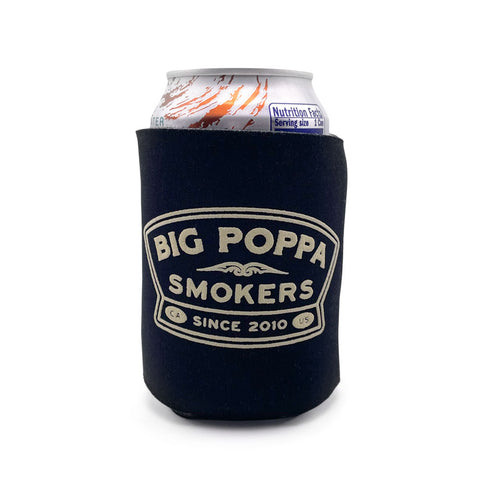 A neoprene can cooler in black featuring the Big Poppa Smokers logo in white on the front, partially enveloping an aluminum can with an orange and white design.
