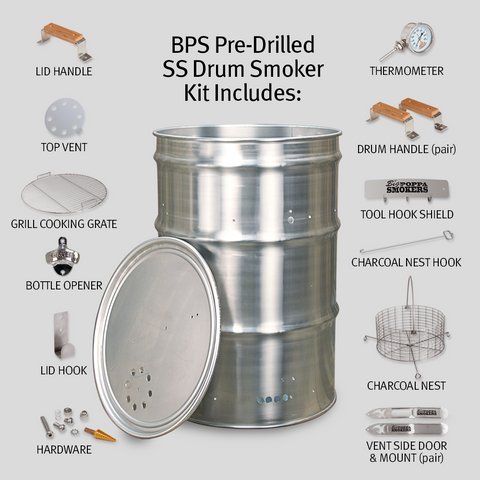 An informative graphic detailing the parts included in a BPS Pre-Drilled Stainless Steel Drum Smoker Kit. Featured centrally is a metallic drum, surrounded by parts such as a lid handle, top vent, grill cooking grate, bottle opener, and additional accessories, all on a white background with labels.