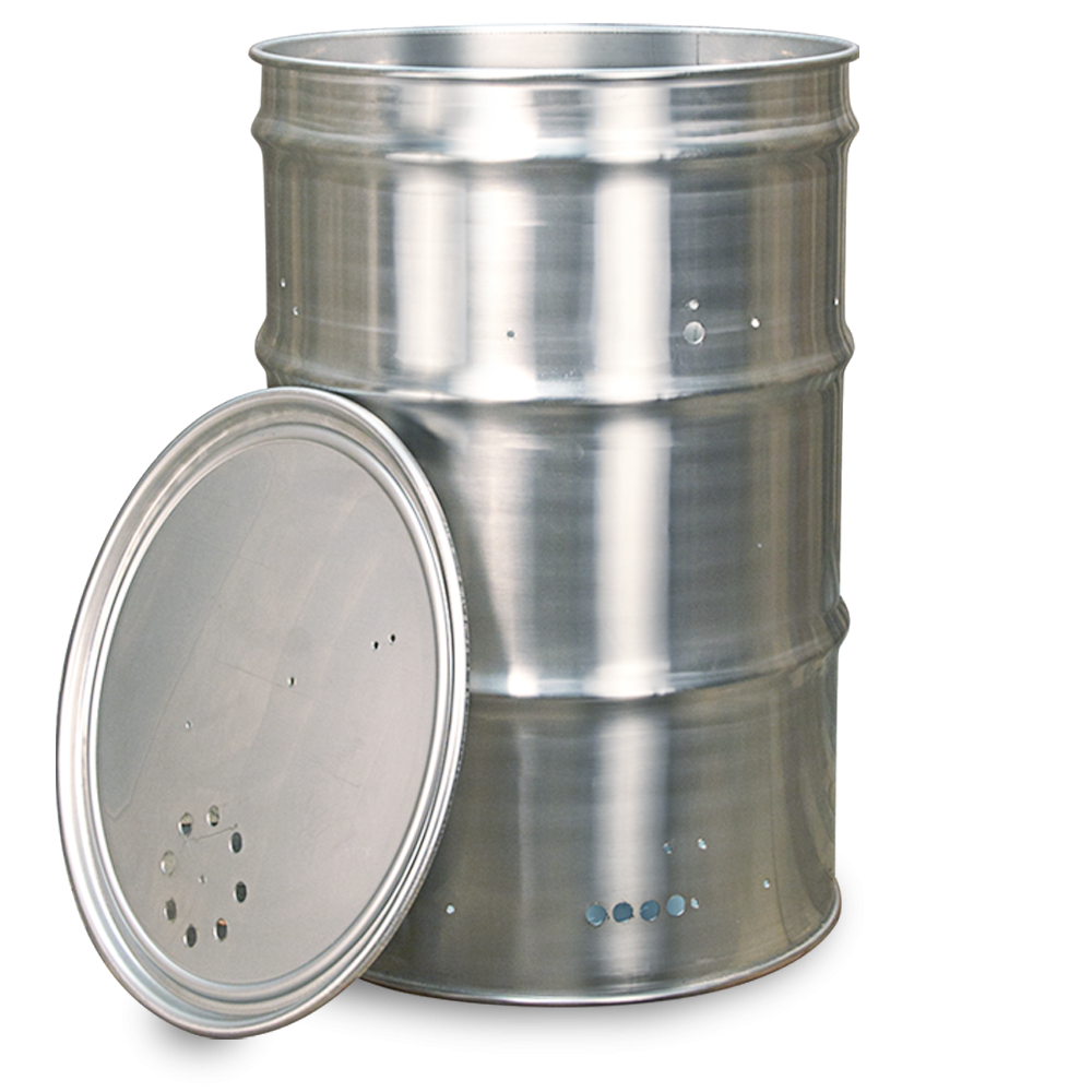  Image of a stainless steel drum with a removable lid, showcasing multiple pre-drilled holes. The drum has a polished finish and is set against a black background, highlighting its sleek design suitable for a smoker kit.