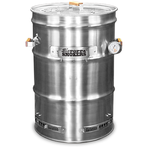 Stainless steel drum smoker from Big Poppa Smokers featuring multiple air vents, a thermometer on the side, and the Big Poppa Smokers logo branded near the top. This smoker is designed for efficient cooking with controls for temperature and airflow.