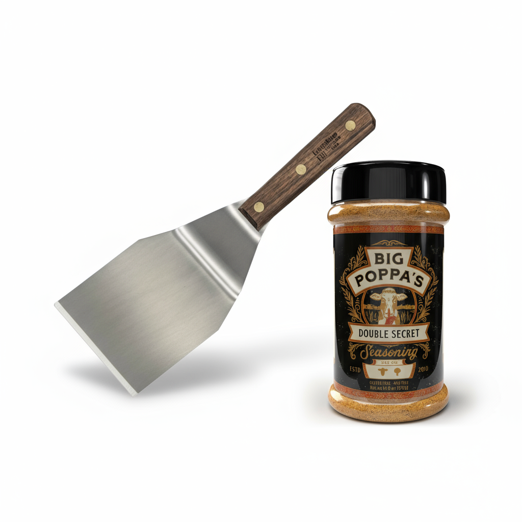 Big Poppa's seasoning jar with a metal spatula on a white background